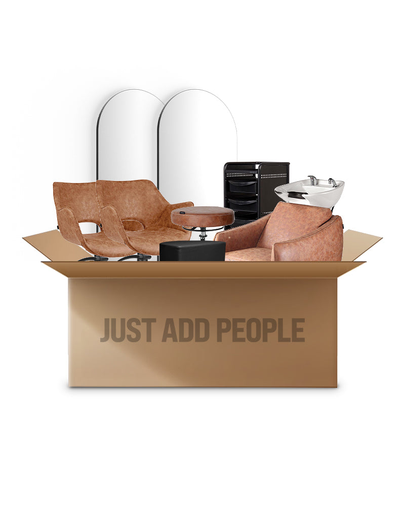 Tan sort frisør startpakke - med 2 kundepladser, 1 vaskeplads og udstyr